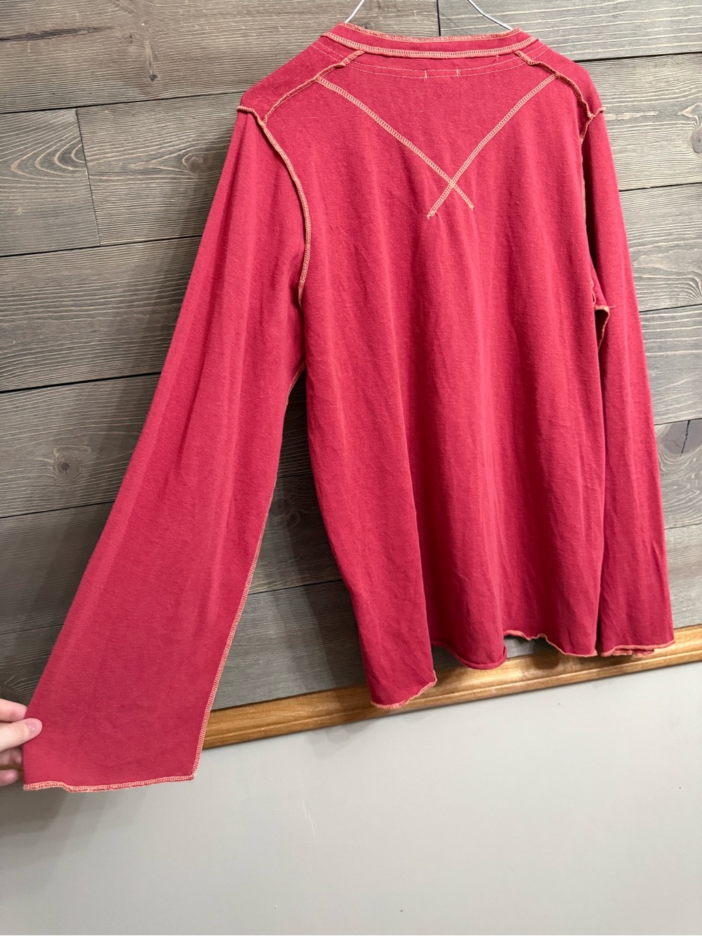 POL Long-Sleeve Henley Top in Deep Raspberry with Contrast Stitching - Picture 5 of 5
